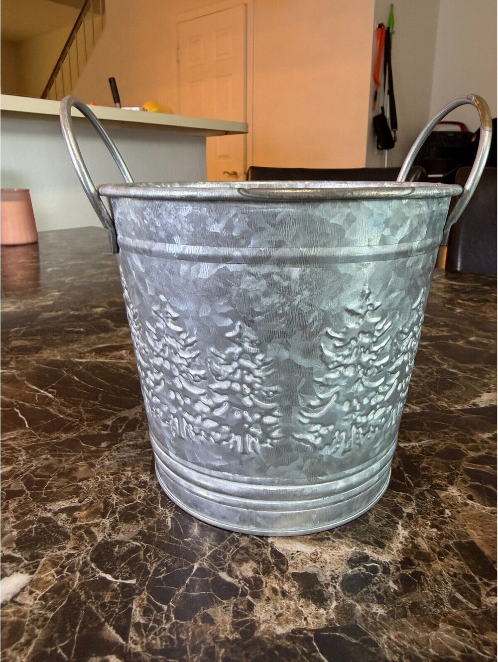 Galvanized Metal Pine Tree Embossed Bucket 5.5” Rustic - Picture 3 of 6